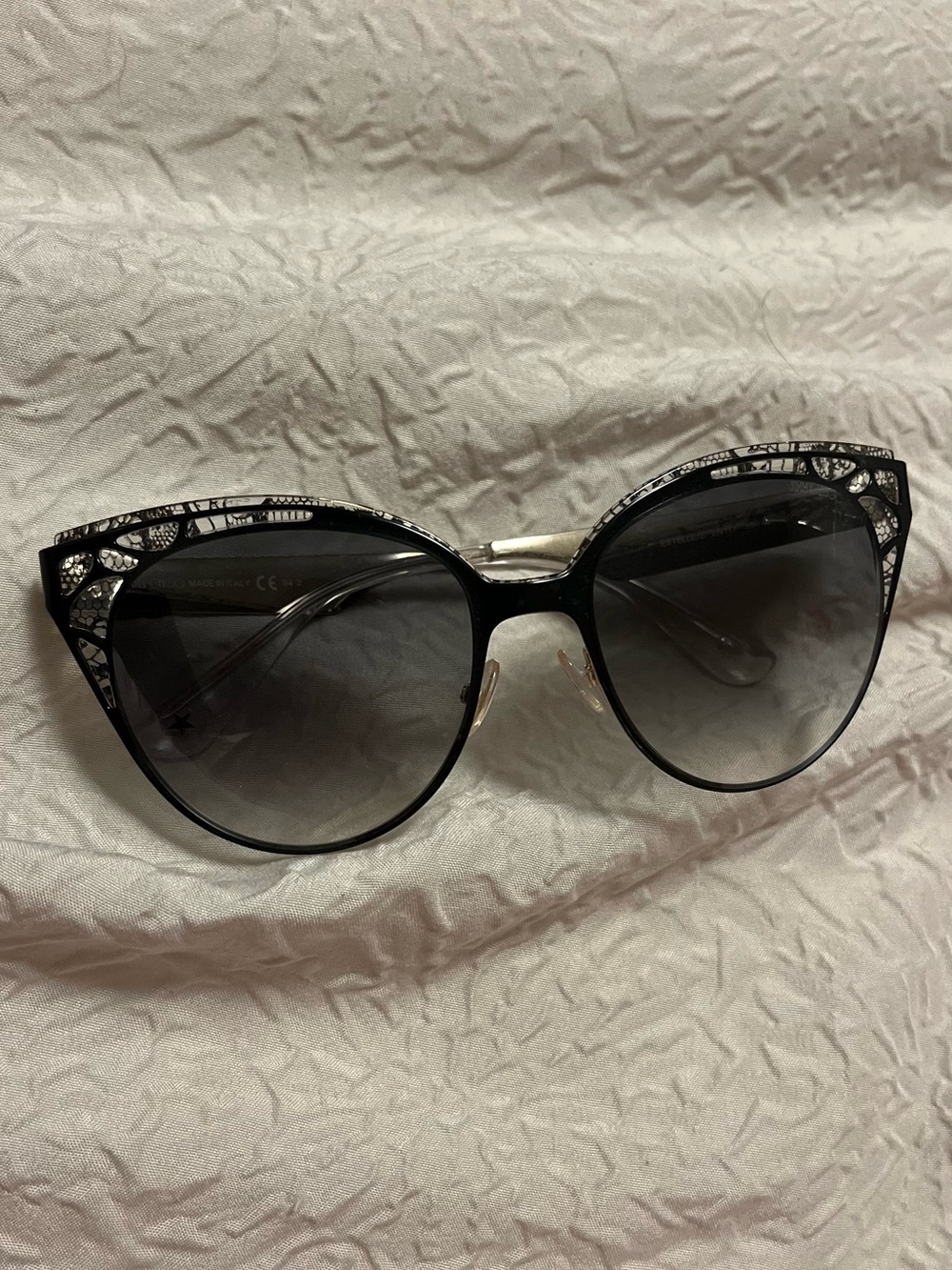 Jimmy Choo Black Cat-Eye Sunglasses with Crystal Lace Cutouts